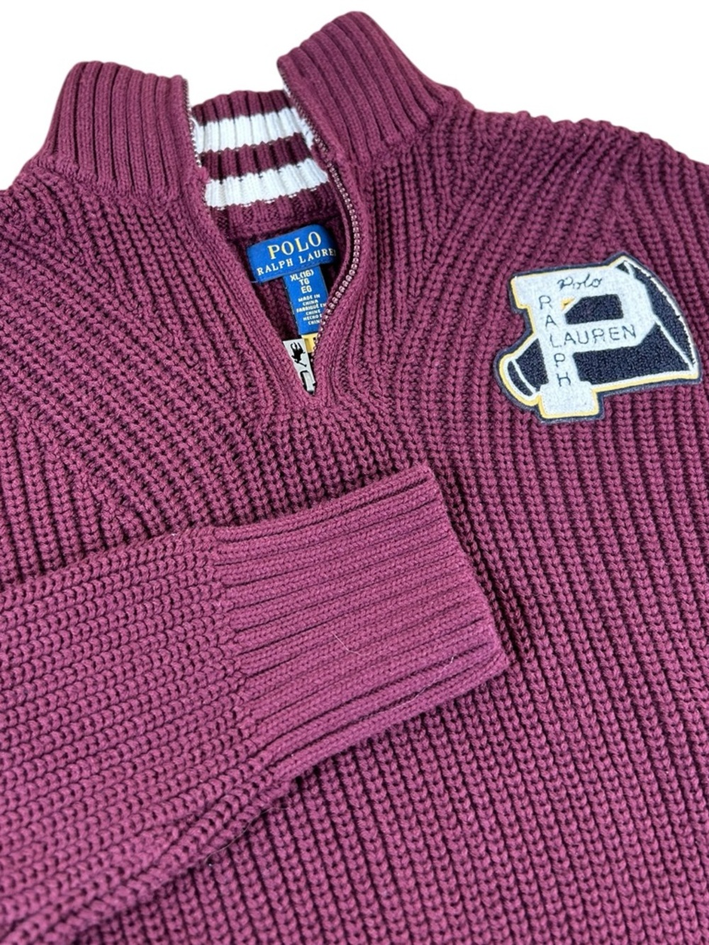 POLO RALPH LAUREN Burgundy Ribbed Quarter Zip Sweater Varsity Patch Boys XL 16